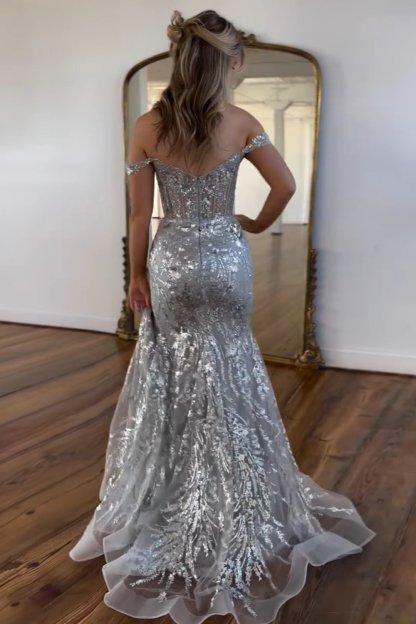 Sparkly Golden Off the Shoulder Mermaid Sequins Long Prom Dress with Slit