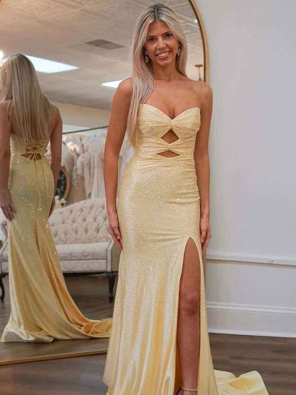 Light Yellow Mermaid Strapless Keyholes Prom Dress with Beads
