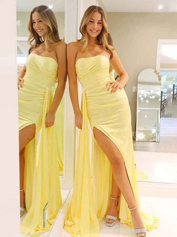 Yellow Mermaid Strapless Long Prom Dress with Slit