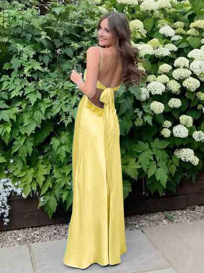 Blue A Line V-neck Beaded Back Tie Long Prom Dress