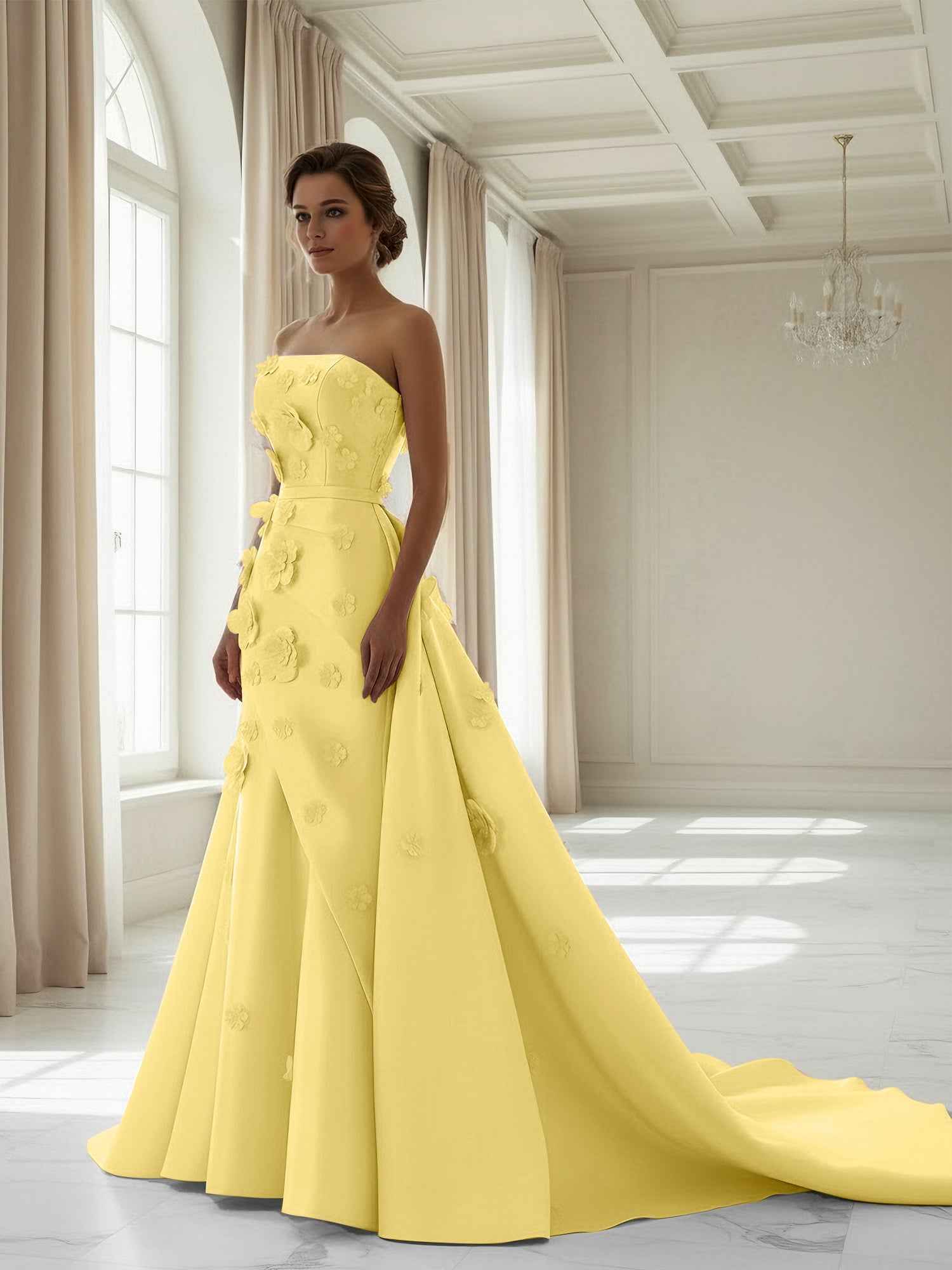 Pink A Line Satin Strapless Prom Dress with 3D Floral Appliques