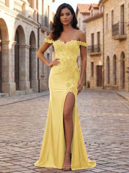 Mermaid Off-The-Shoulder Floral Corset Long Prom Dress with Slit