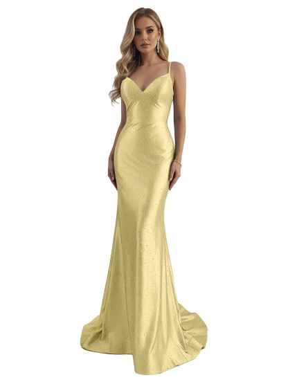 Blue Mermaid Spaghetti Straps V-Neck Rhinestone Long Prom Dress