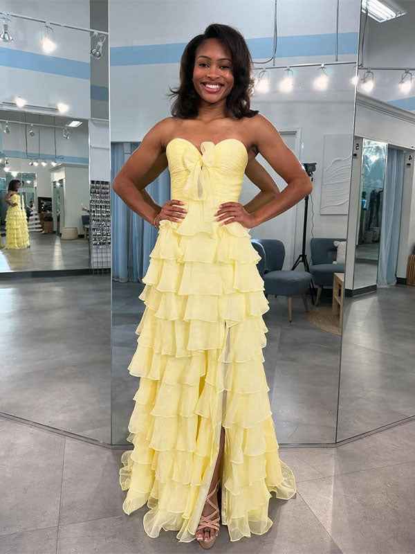 Fuchsia A-Line Sweetheart Chiffon Tiered Long Prom Dress with Slit