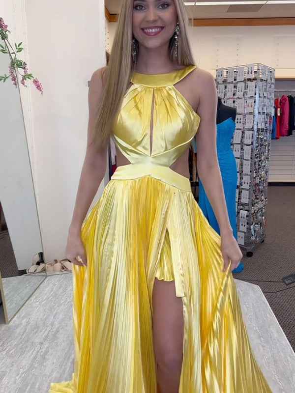 Green A-Line Halter Pleated Satin Long Prom Dress with Slit