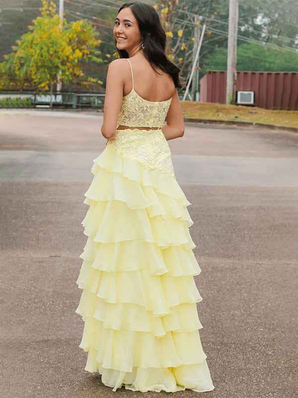 Yellow A-Line Spaghetti Straps Appliques Tiered Chiffon Prom Dress with Slit
