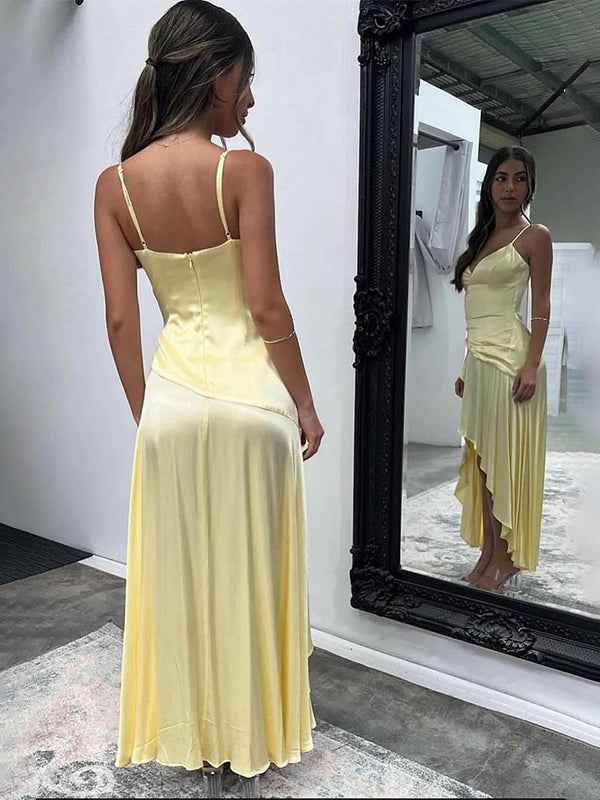 Yellow A Line Spaghetti Straps Silk Ruffle Party Dress
