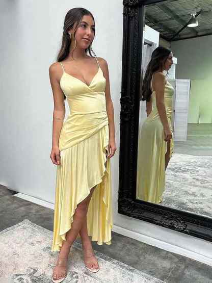 Yellow A Line Spaghetti Straps Silk Ruffle Party Dress