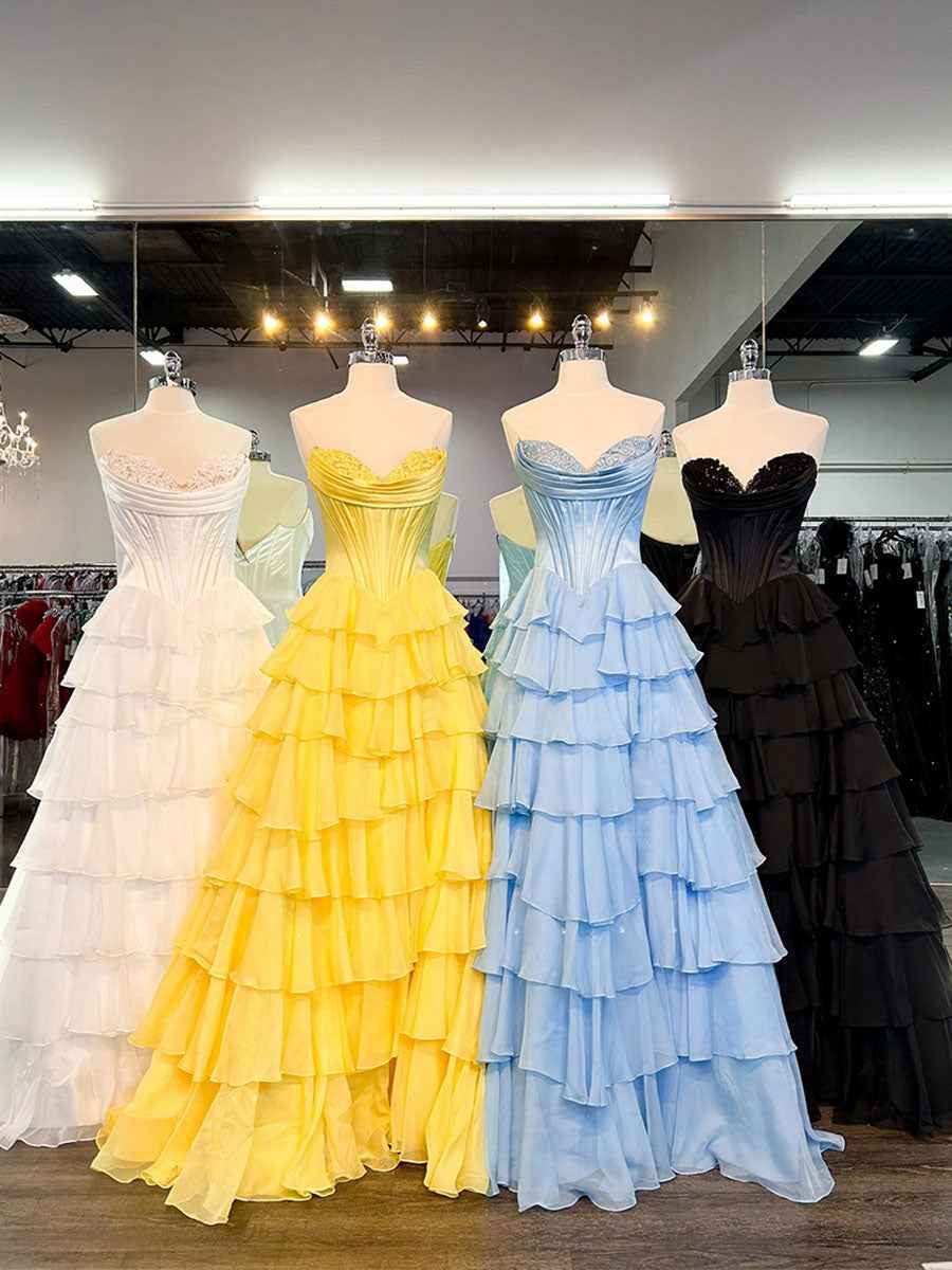 Yellow A Line Strapless Satin Corset Long Prom Dress with Ruffle Skirt