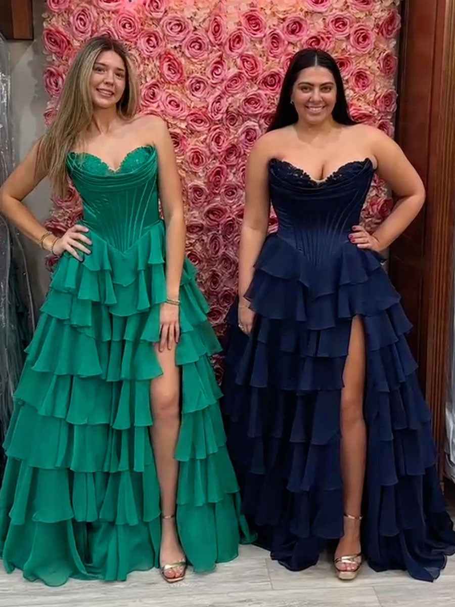 Yellow A Line Strapless Satin Corset Long Prom Dress with Ruffle Skirt