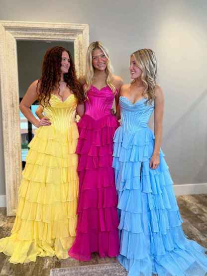 Yellow A Line Strapless Satin Corset Long Prom Dress with Ruffle Skirt