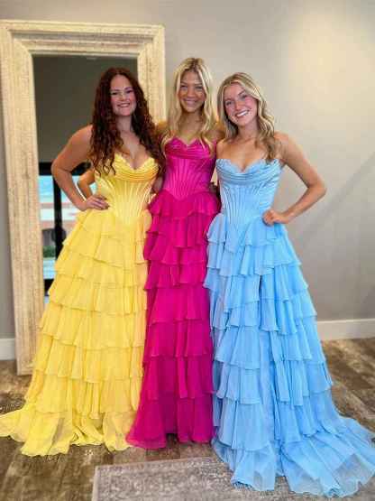 Yellow A Line Strapless Satin Corset Long Prom Dress with Ruffle Skirt
