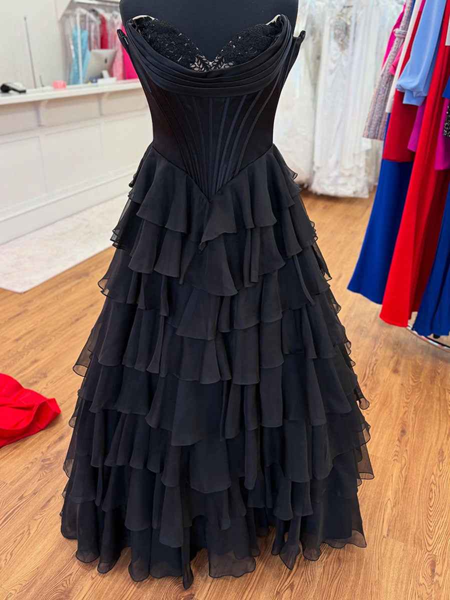 Yellow A Line Strapless Satin Corset Long Prom Dress with Ruffle Skirt