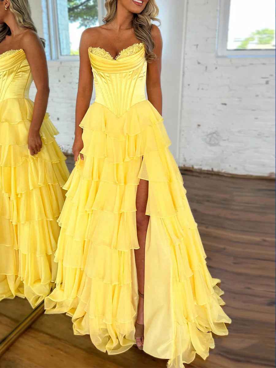 Yellow A Line Strapless Satin Corset Long Prom Dress with Ruffle Skirt