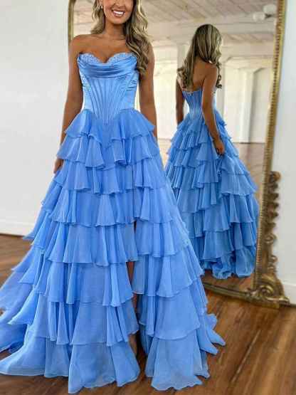 Yellow A Line Strapless Satin Corset Long Prom Dress with Ruffle Skirt