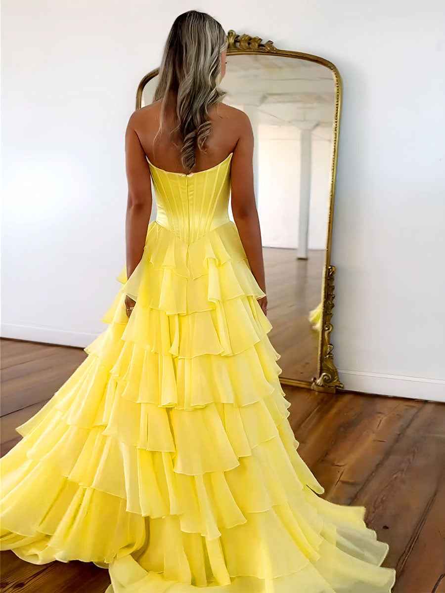 Yellow A Line Strapless Satin Corset Long Prom Dress with Ruffle Skirt