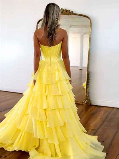 Yellow A Line Strapless Satin Corset Long Prom Dress with Ruffle Skirt