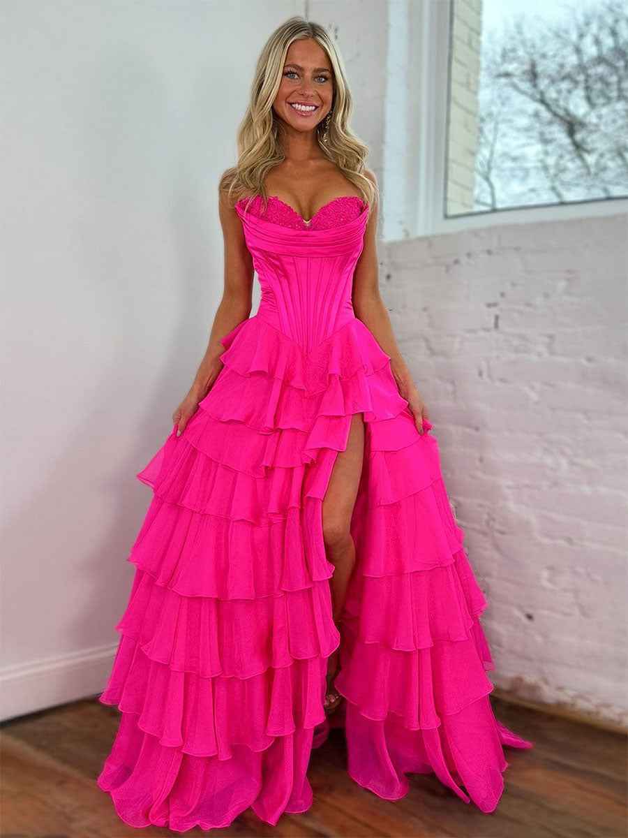 Yellow A Line Strapless Satin Corset Long Prom Dress with Ruffle Skirt