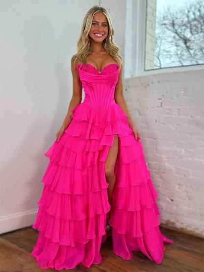 Yellow A Line Strapless Satin Corset Long Prom Dress with Ruffle Skirt