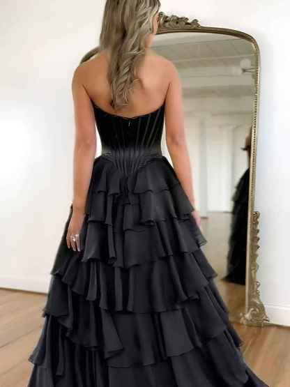 Yellow A Line Strapless Satin Corset Long Prom Dress with Ruffle Skirt