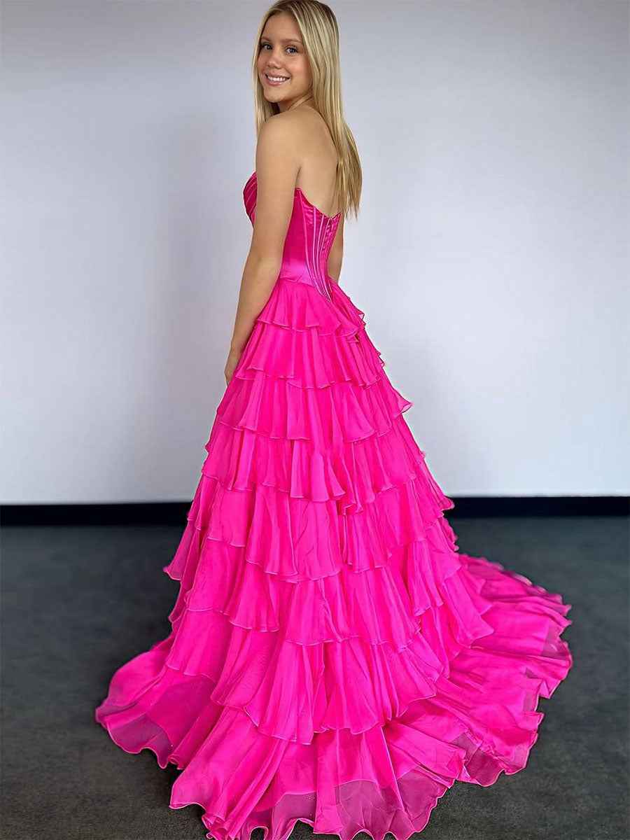 Yellow A Line Strapless Satin Corset Long Prom Dress with Ruffle Skirt