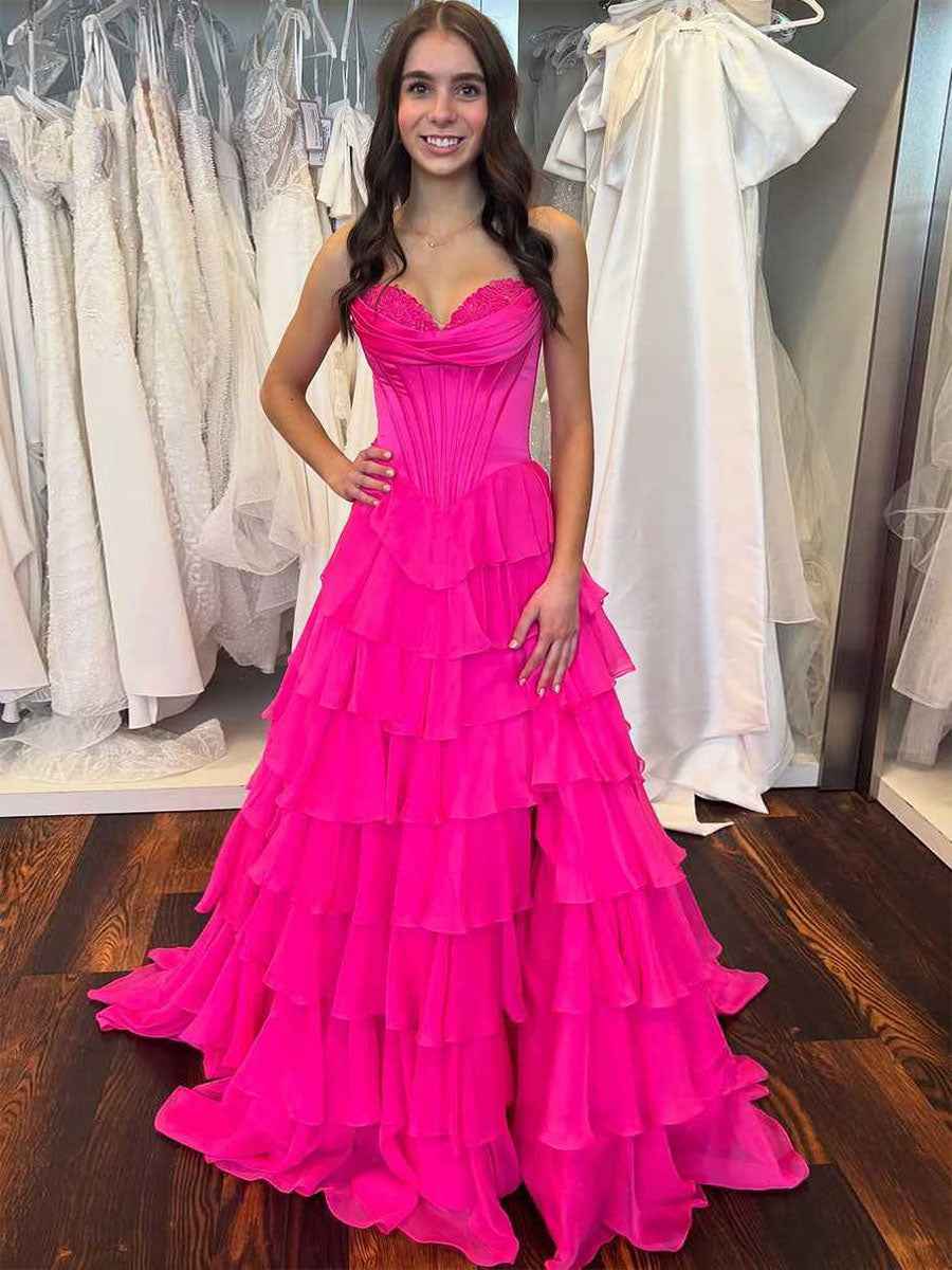 Yellow A Line Strapless Satin Corset Long Prom Dress with Ruffle Skirt