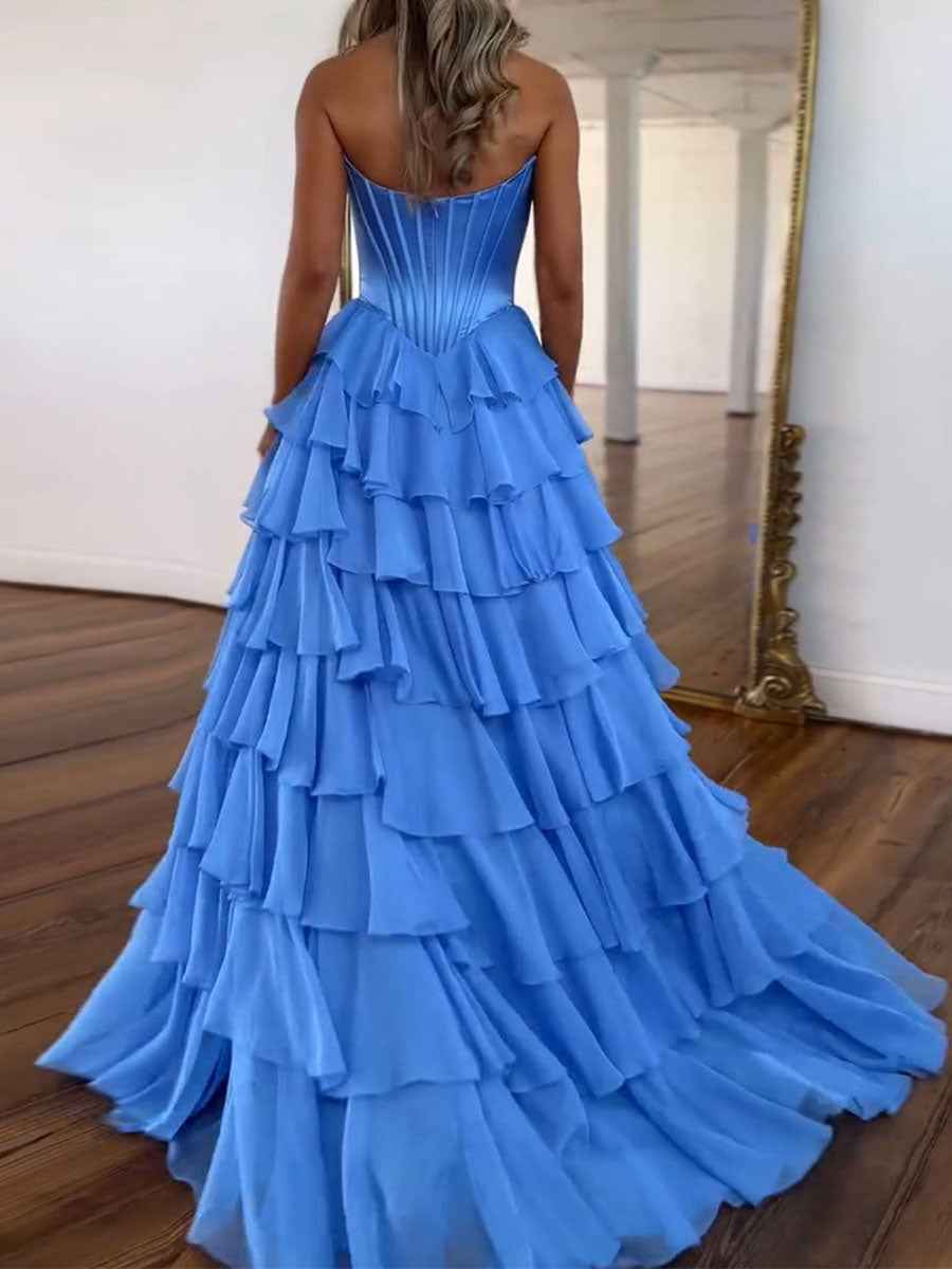 Yellow A Line Strapless Satin Corset Long Prom Dress with Ruffle Skirt