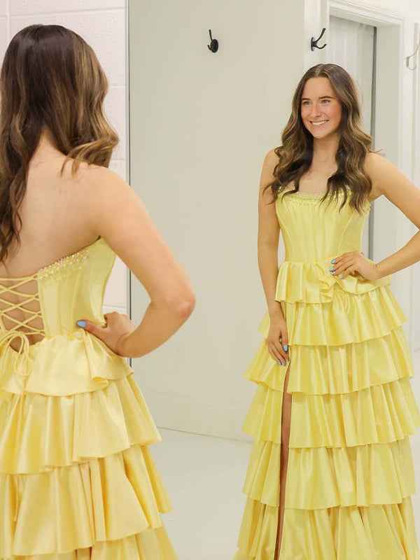 Yellow A Line Strapless Tiered Ruffle Long Prom Gown Dress with Slit
