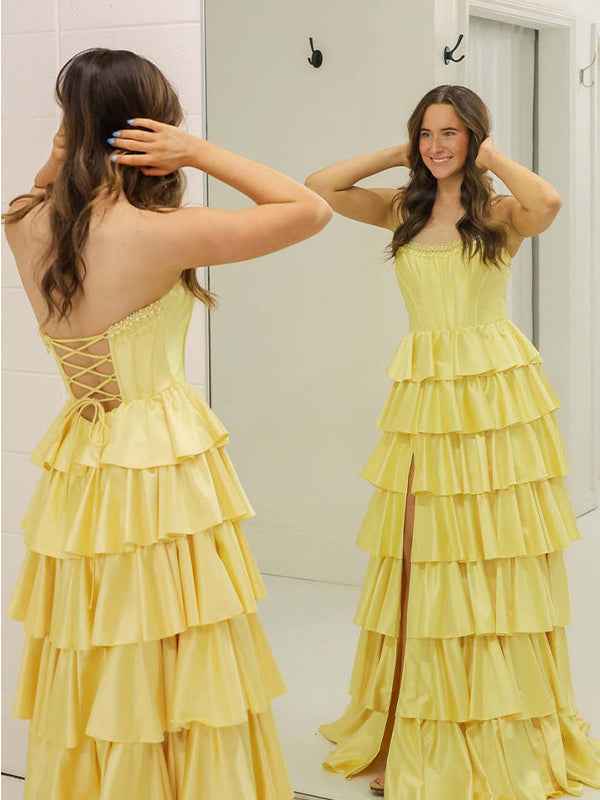 Yellow A Line Strapless Tiered Ruffle Long Prom Gown Dress with Slit