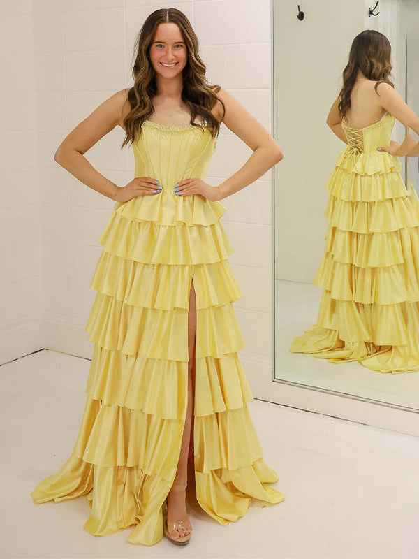Yellow A Line Strapless Tiered Ruffle Long Prom Gown Dress with Slit