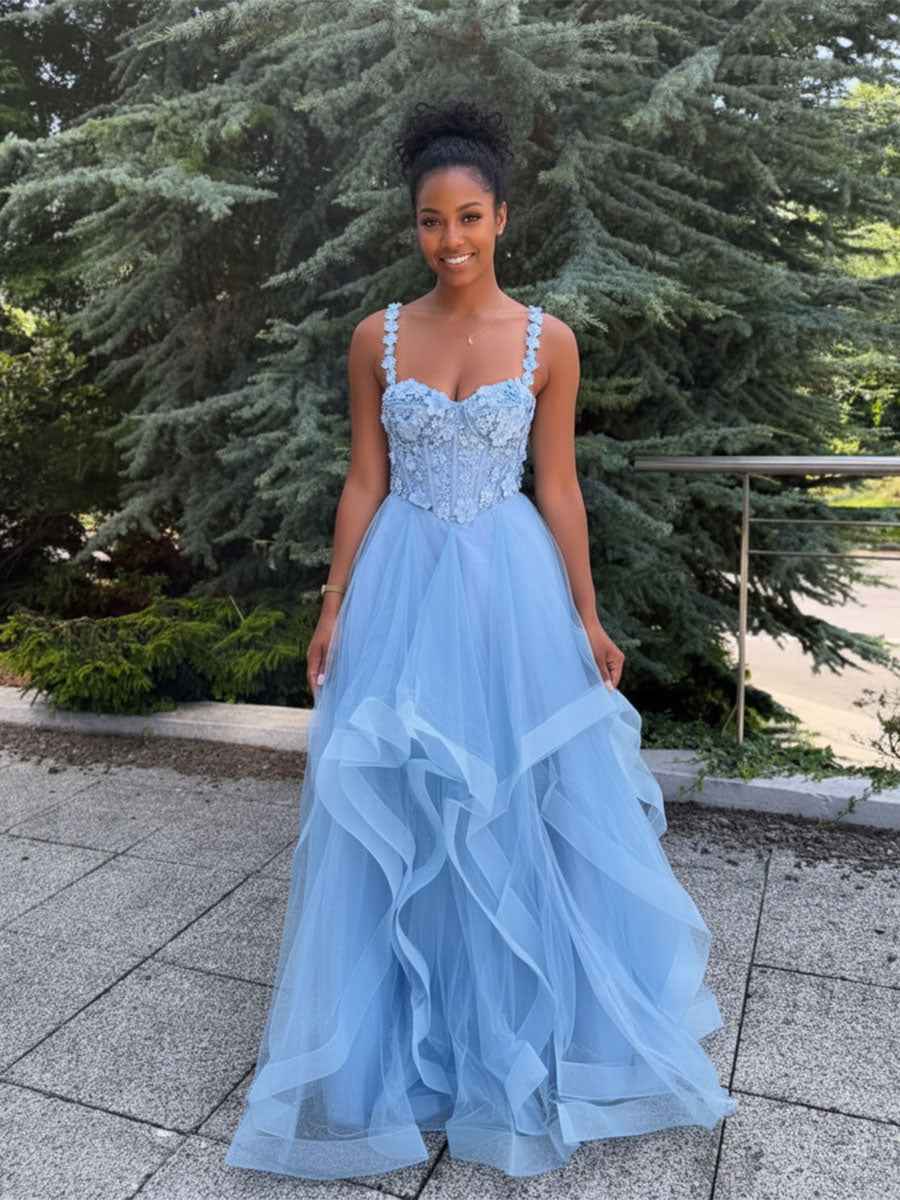 Yellow A-Line Straps Empire-Waist Sweetheart Ruffles Long Prom Dress