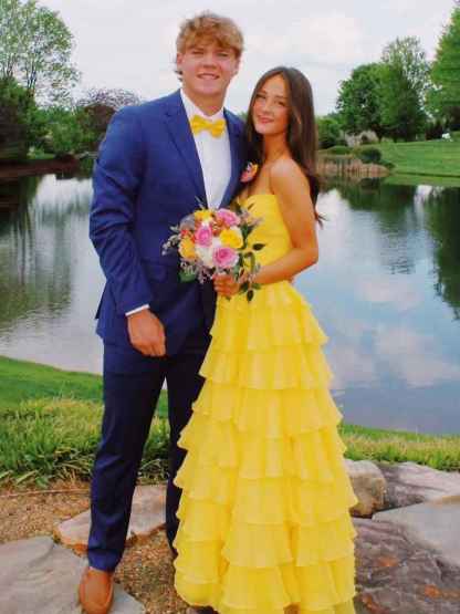 Blue A Line Sweetheart Strapless Chiffon Tiered Prom Dress