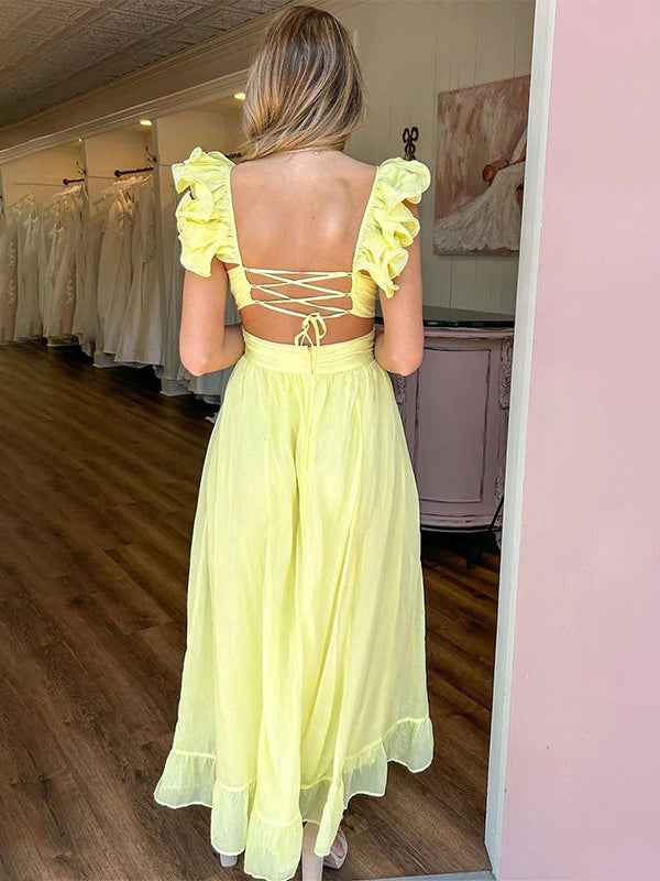 Yellow A-Line V-Neck Ruffled Straps Chiffon Party Prom Dress