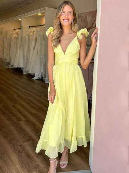 Yellow A-Line V-Neck Ruffled Straps Chiffon Party Prom Dress