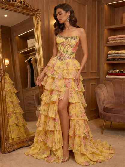 Yellow Floral Print Strapless Tiered Ruffles Corset Prom Dress with Beaded Neckline