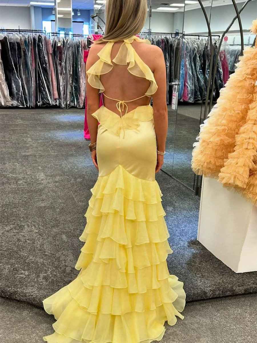 Yellow Mermaid Halter V Neck Satin Ruffles Long Prom Dress