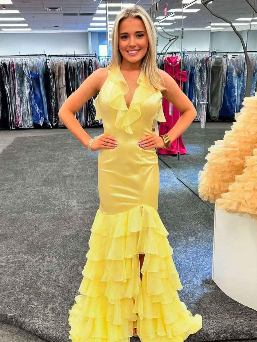 Yellow Mermaid Halter V Neck Satin Ruffles Long Prom Dress