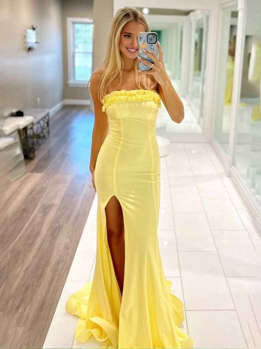 Yellow Mermaid Ruffles Strapless Long Prom Dresses with Slit