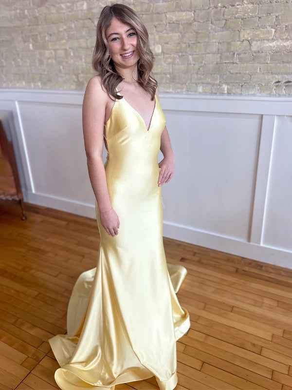 Yellow Mermaid Spaghetti Strap Criss-Cross Back Prom Dress
