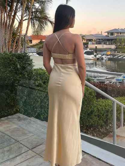 Yellow Mermaid Spaghetti Straps Cutouts Long Formal Party Dress