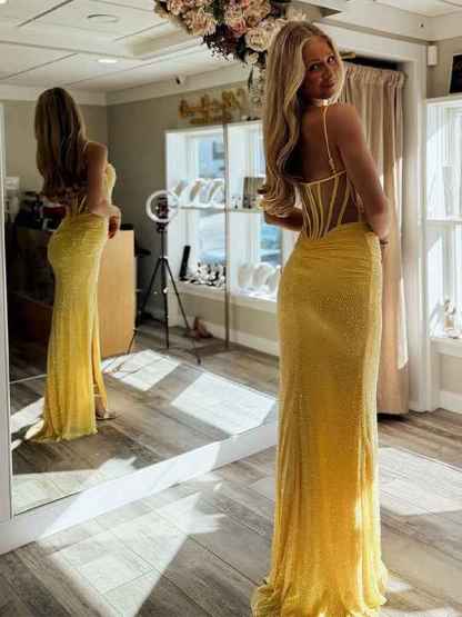 Yellow Mermaid Spaghetti Straps Sweetheart Sequins Long Prom Dress with Slit