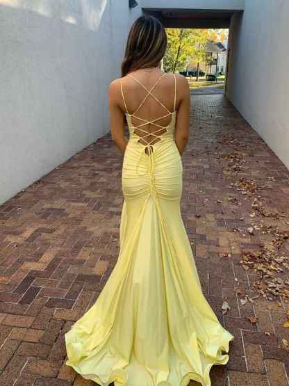 Yellow Mermaid Spaghetti Straps V Neck Satin Long Prom Dress with Slit