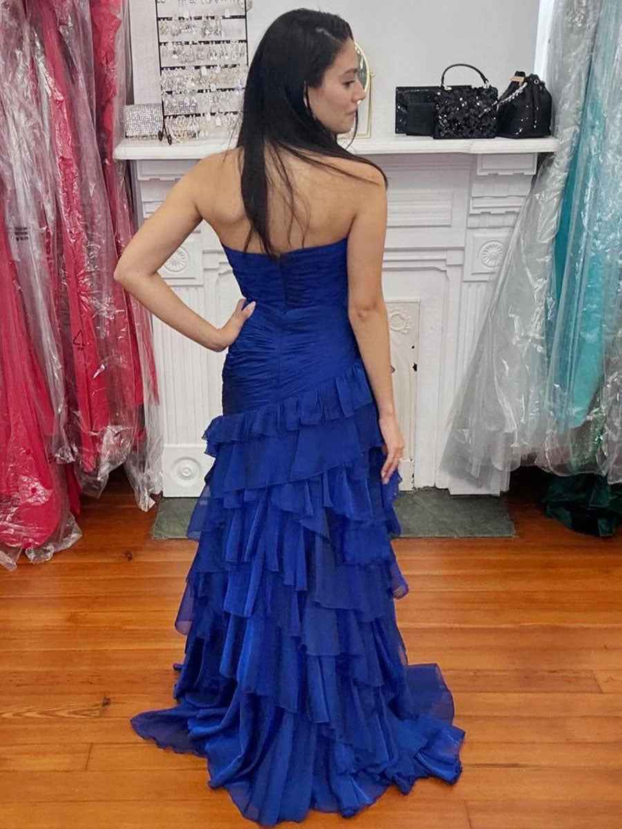 Yellow Mermaid Sweetheart Long Tiered Tulle Prom Dress with Slit