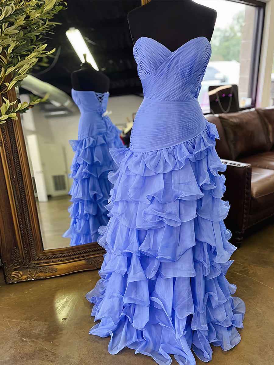 Yellow Mermaid Sweetheart Long Tiered Tulle Prom Dress with Slit