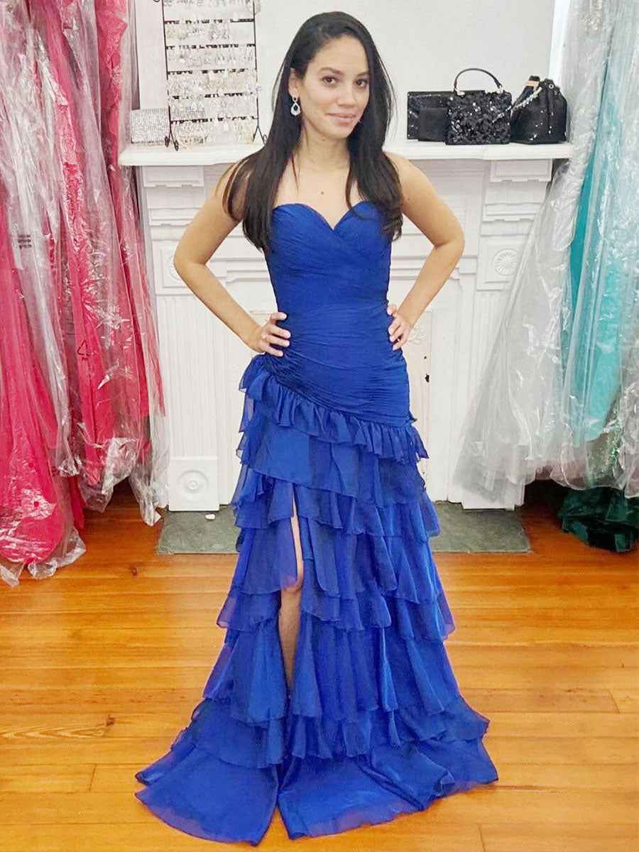 Yellow Mermaid Sweetheart Long Tiered Tulle Prom Dress with Slit