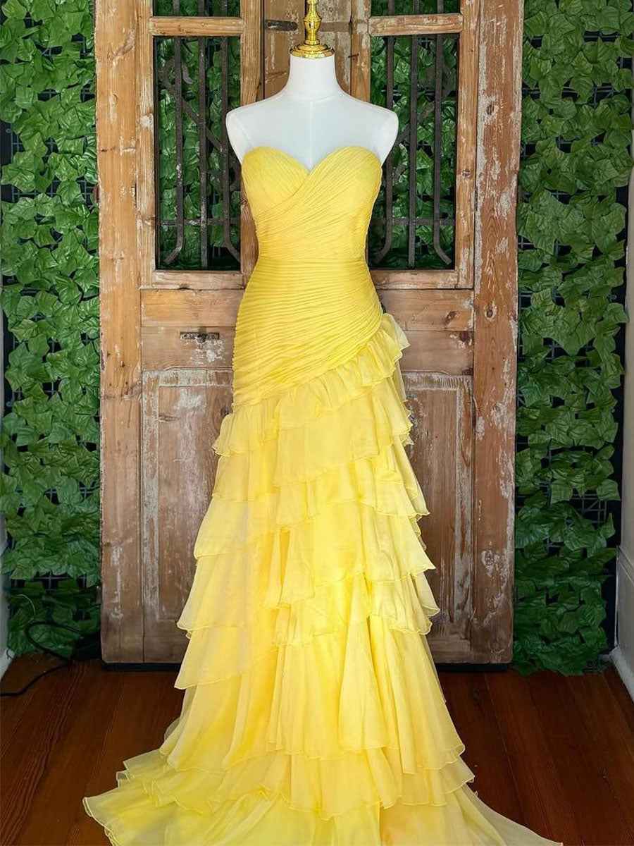 Yellow Mermaid Sweetheart Long Tiered Tulle Prom Dress with Slit