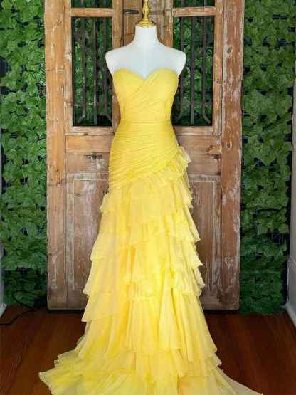 Yellow Mermaid Sweetheart Long Tiered Tulle Prom Dress with Slit
