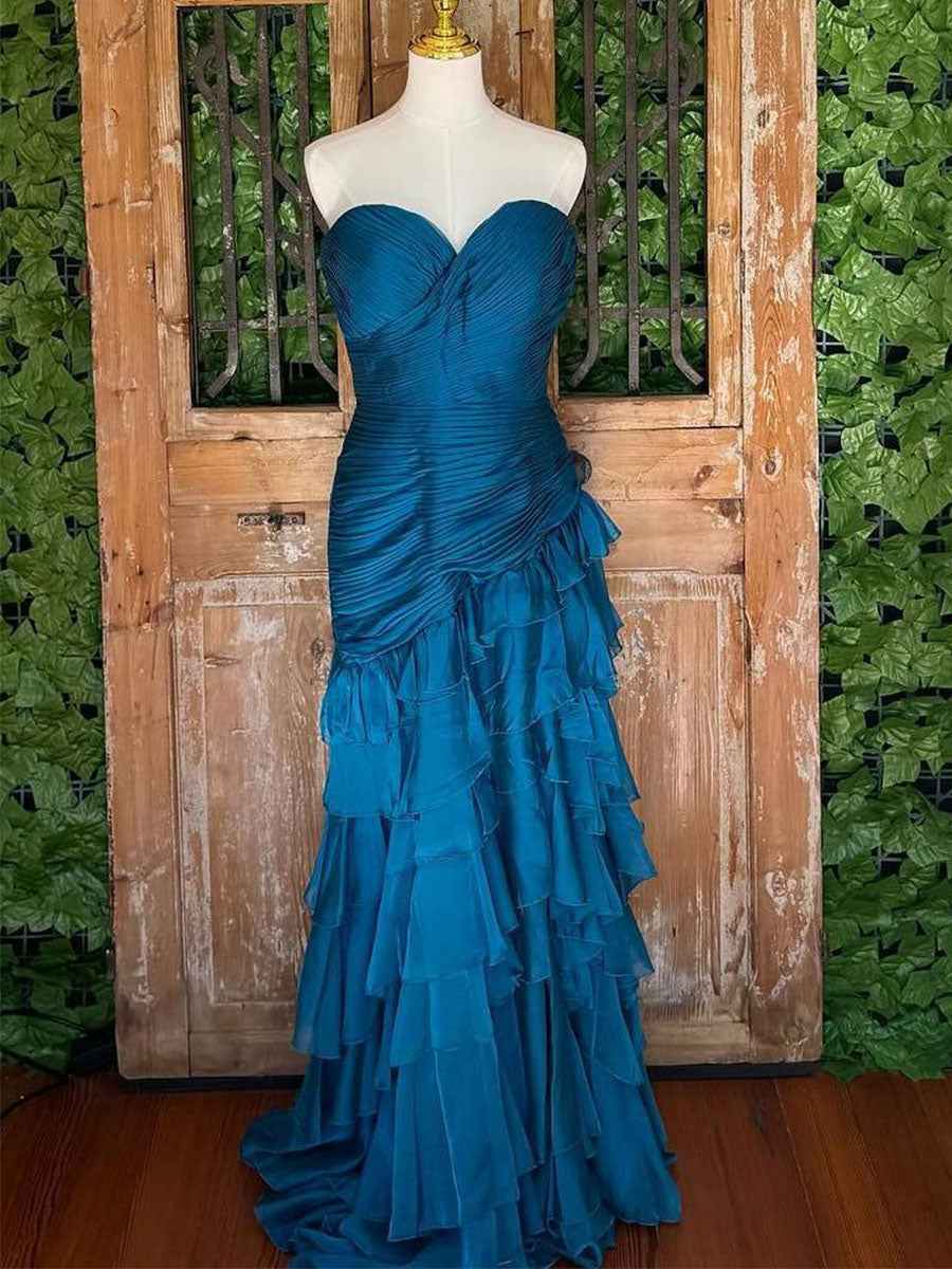 Yellow Mermaid Sweetheart Long Tiered Tulle Prom Dress with Slit