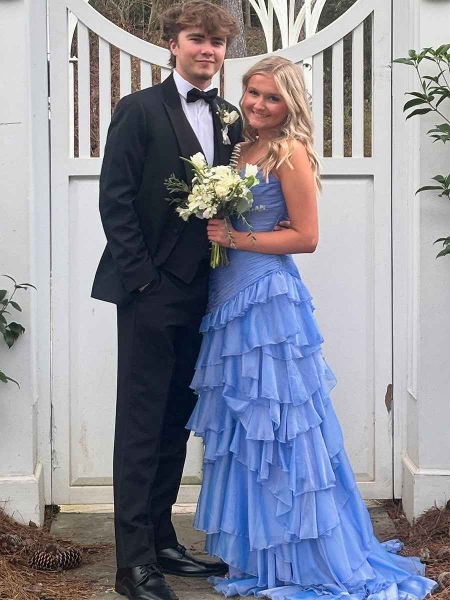 Yellow Mermaid Sweetheart Long Tiered Tulle Prom Dress with Slit