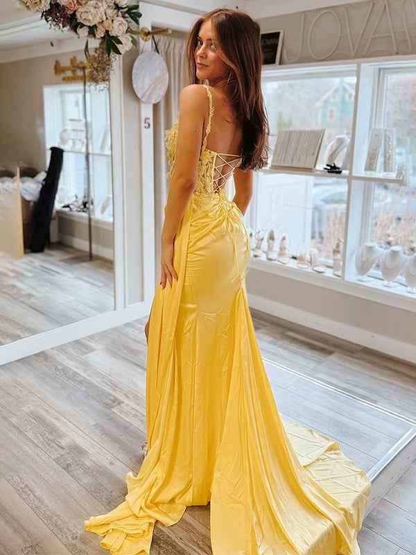 Yellow Sheath Mermaid Sweetheart Satin Appliqued Long Prom Dress with Slit